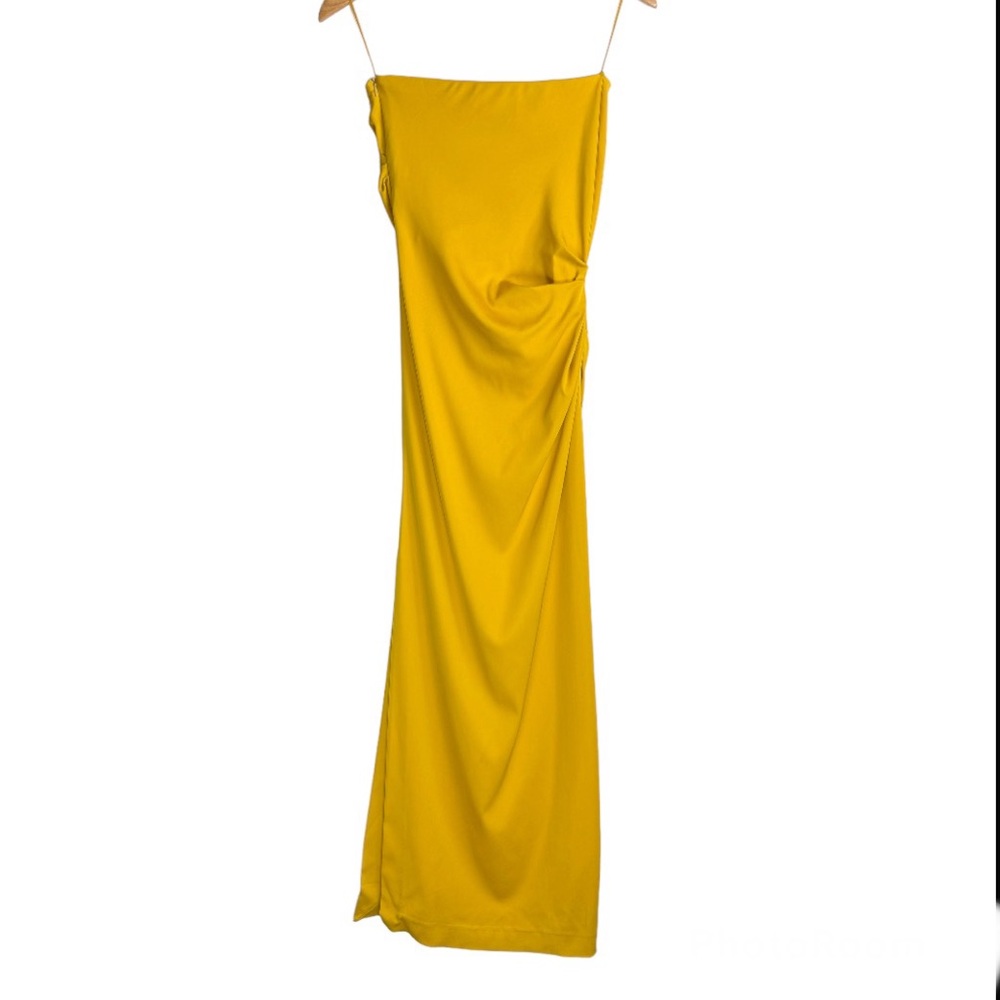 NWT ZARA Strapless Maxi Dress Sz Small Golden Yellow Side Pleats Ruched - Picture 4 of 16